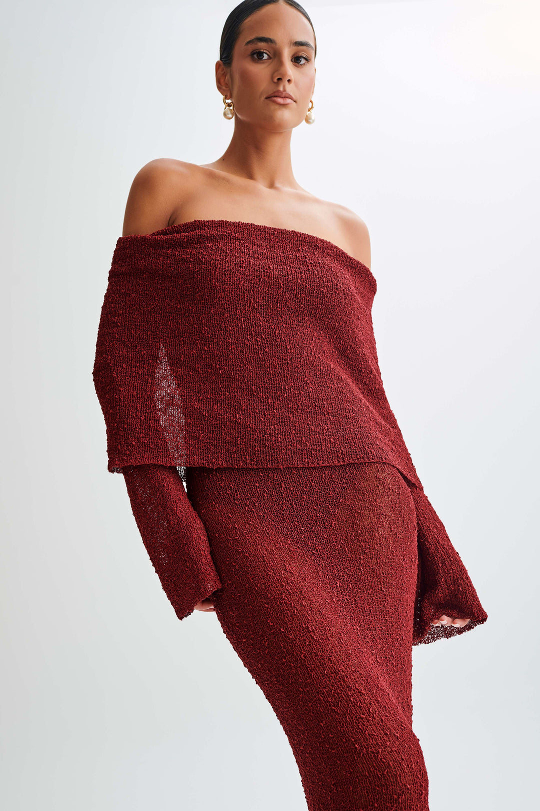 MELISSA- Off Shoulder Boucle Maxi Dress